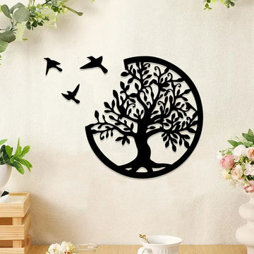 Boho Tree Of Life Black Wooden Wall Hanging,3 Birds Wall Art Decor,Round Hanging Ornaments,Indoor Crafts,Witchy Home Decorations