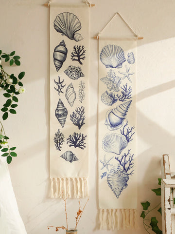 1pc Boho Coastal Seashell Wall Hanging Tapestry,Cotton Banner with Fringe,Nautical Beach Home Decor for Living Room Bedroom Gift