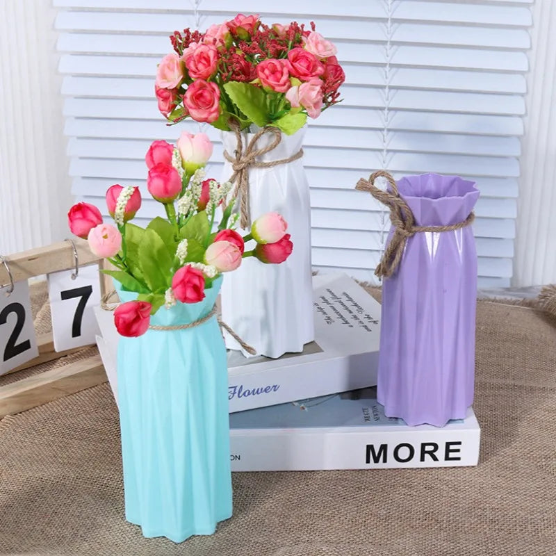 Simple Plastic Imitation Ceramic Vase Home Decoration Vase Decoration Crafts Hemp Rope Tied Solid Color Flower Arrangement Vase