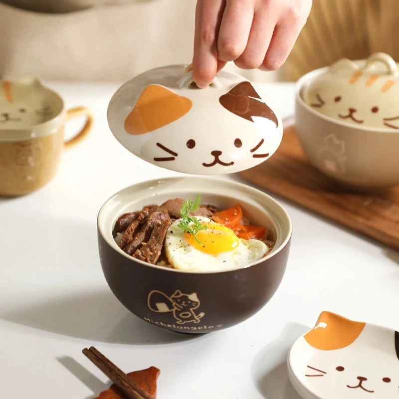 550ml Cartoon Cat Ceramic Instant Noodle Bowl With Lid Underglaze Color Soup Salad Bowl Kitchen Office Student Lunch Box 1pcs