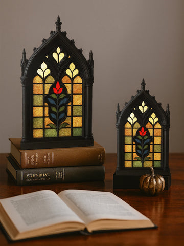 Gothic Church Window Style Desktop Decor Floral/Geometric Pattern Halloween Decoration Wooden Tabletop Ornaments for Home, Shelf