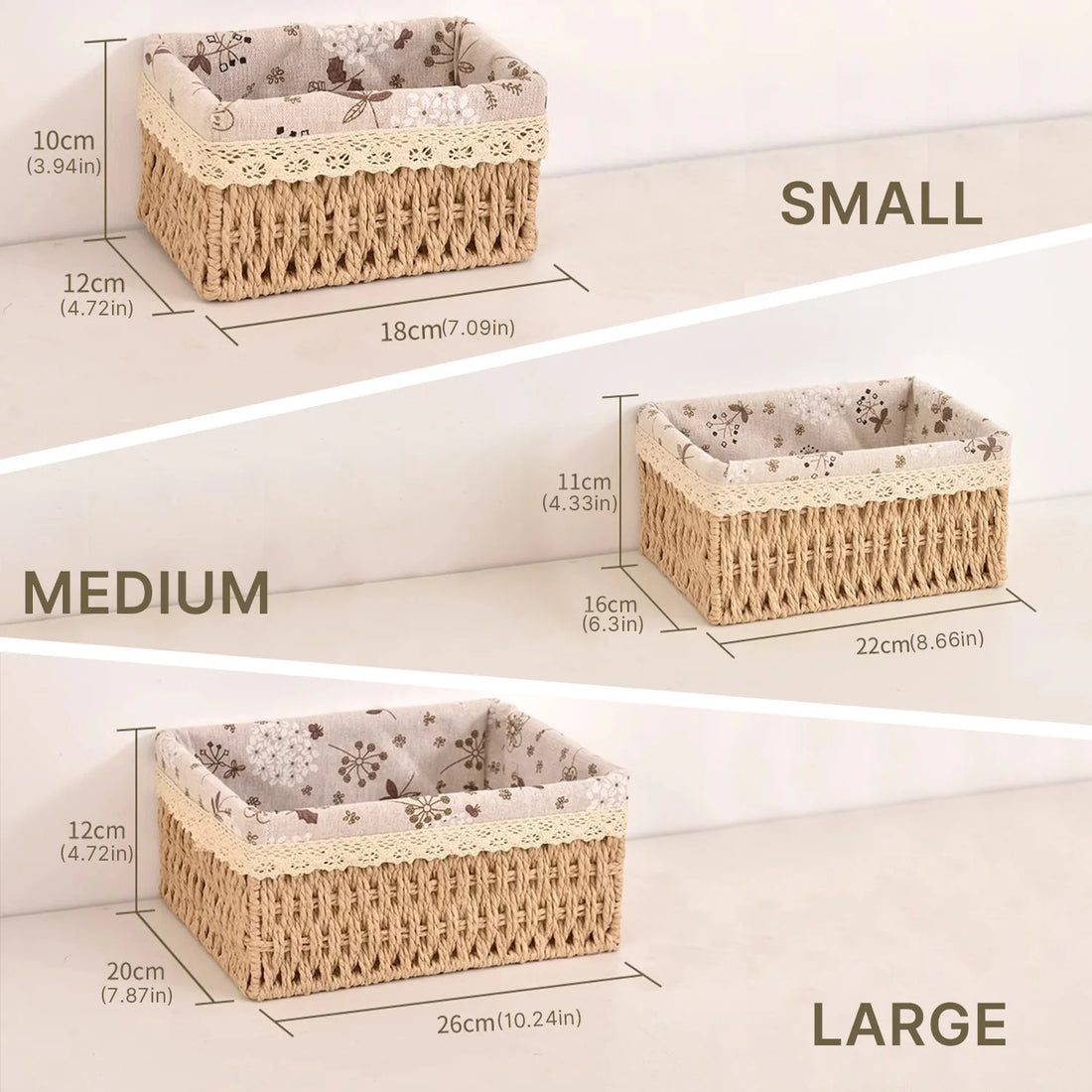 3-piece retro country style rattan storage basket set - cloth lining - stackable storage basket