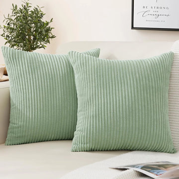 Sage Green Decorative Throw Pillow Covers 18x18 Inch Soft Corduroy Striped Square Cushion Cases Modern Farmhouse Boho Home Decor