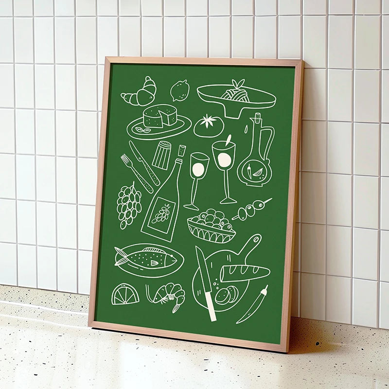 Retro Kitchen Canvas Painting Prints Mid Century Kitchen Print Let's Eat Print Wine Poster for Home Living Room Decor No Frame