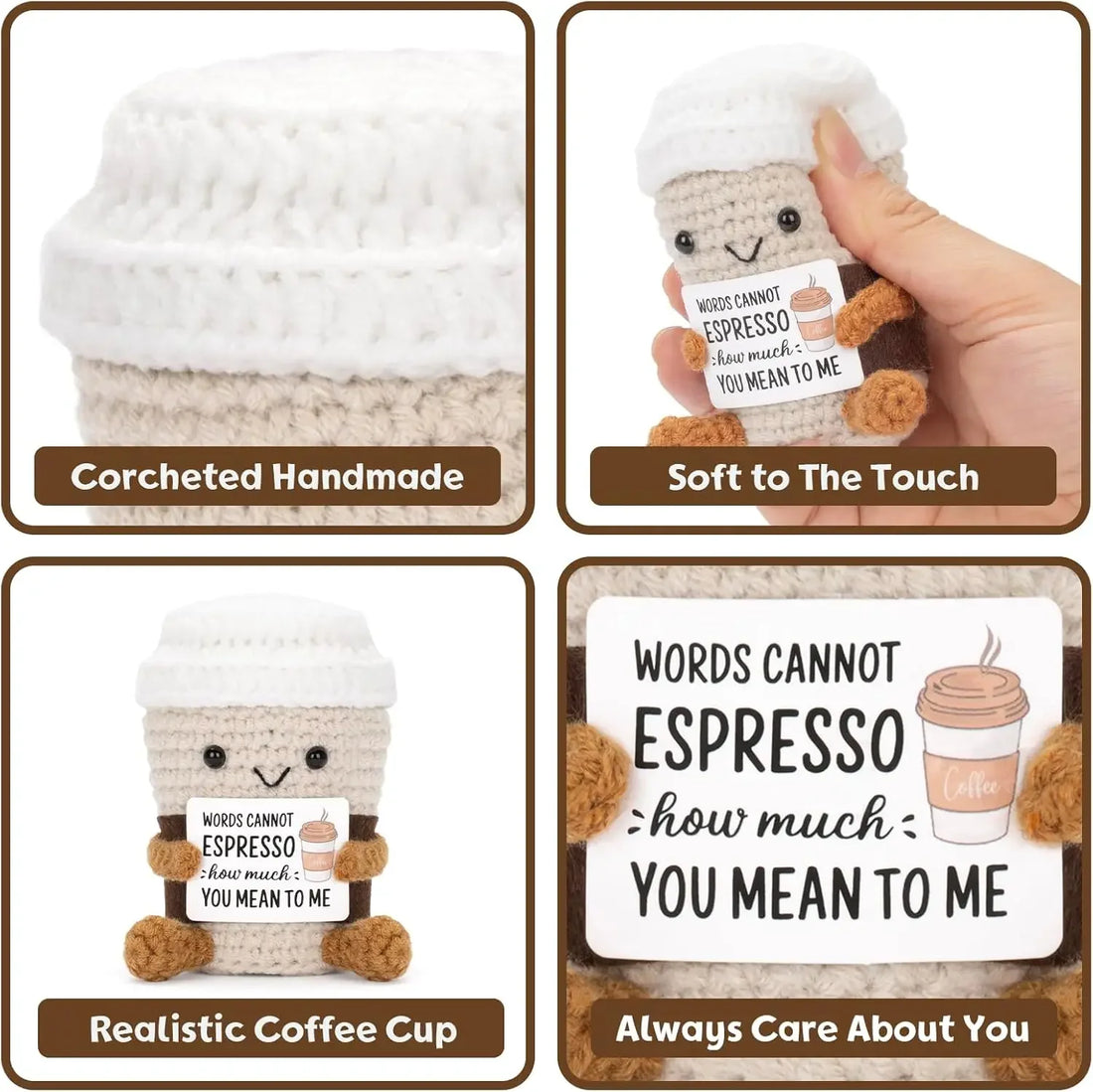 Funny Crochet Emotional Support Coffee Doll With Card Desktop Ornament Handmade Knitted Coffee Dolls Christmas Gifts Home Decor