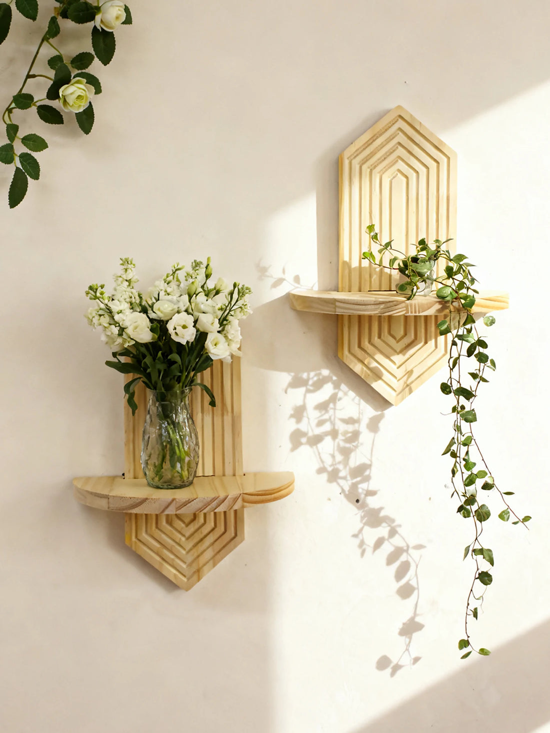 Boho Geometric Wooden Wall Shelves, Floating Shelf for Plants, Natural Wood Wall Mounted Storage for Home Living Room & Bedroom