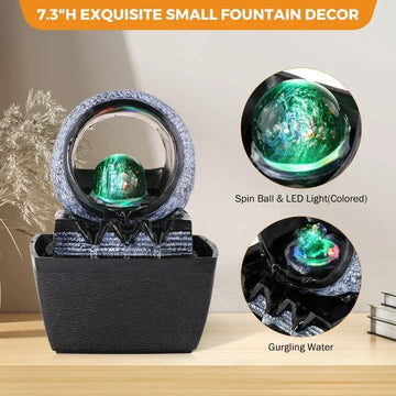 Mini Tabletop Water Fountains with Illuminated Rolling Ball Feng Shui Indoor Desktop Waterfall Home Office Decoration Ornament