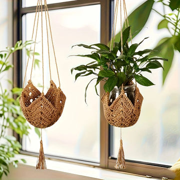 1 OR 2pcs Bohemian Lace Plant Hanger With Tassels, Jute Crochet Wall Basket With Hooks for Indoor, Outdoor Garden