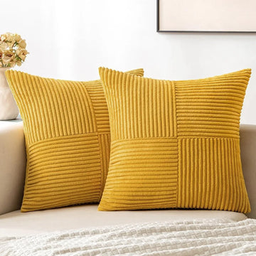Mustard Yellow Corduroy Pillow Cover Boho Spliced Throw Pillow Cover Soft Couch Pillowcase Cross Patchwork Textured Cushion Case