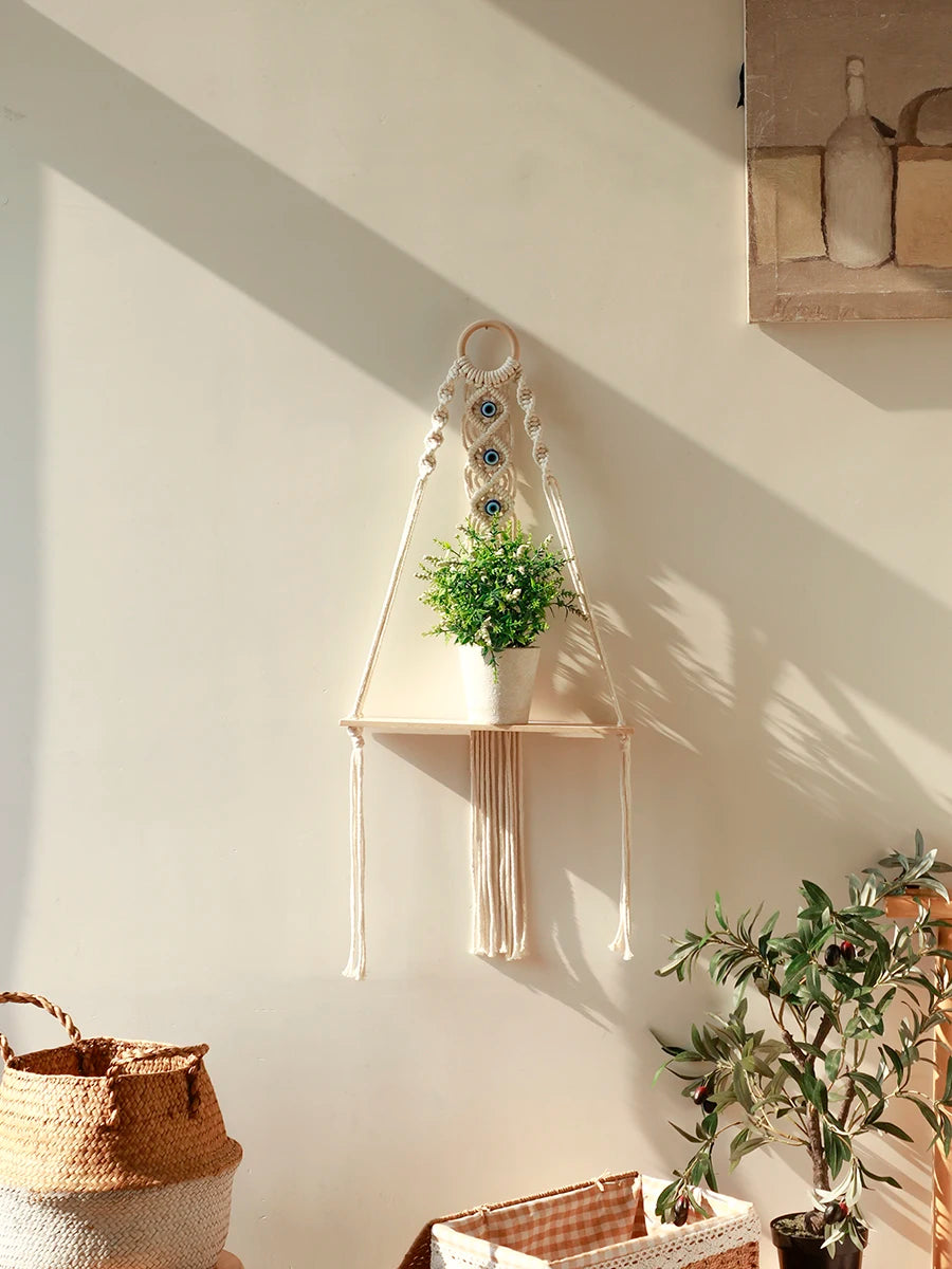 Evil Eye Macrame Floating Wall Shelf With Sticks Home Decoration Boho Plant Flower Pot Tray Nordic Room Swing Display Shelf Gift