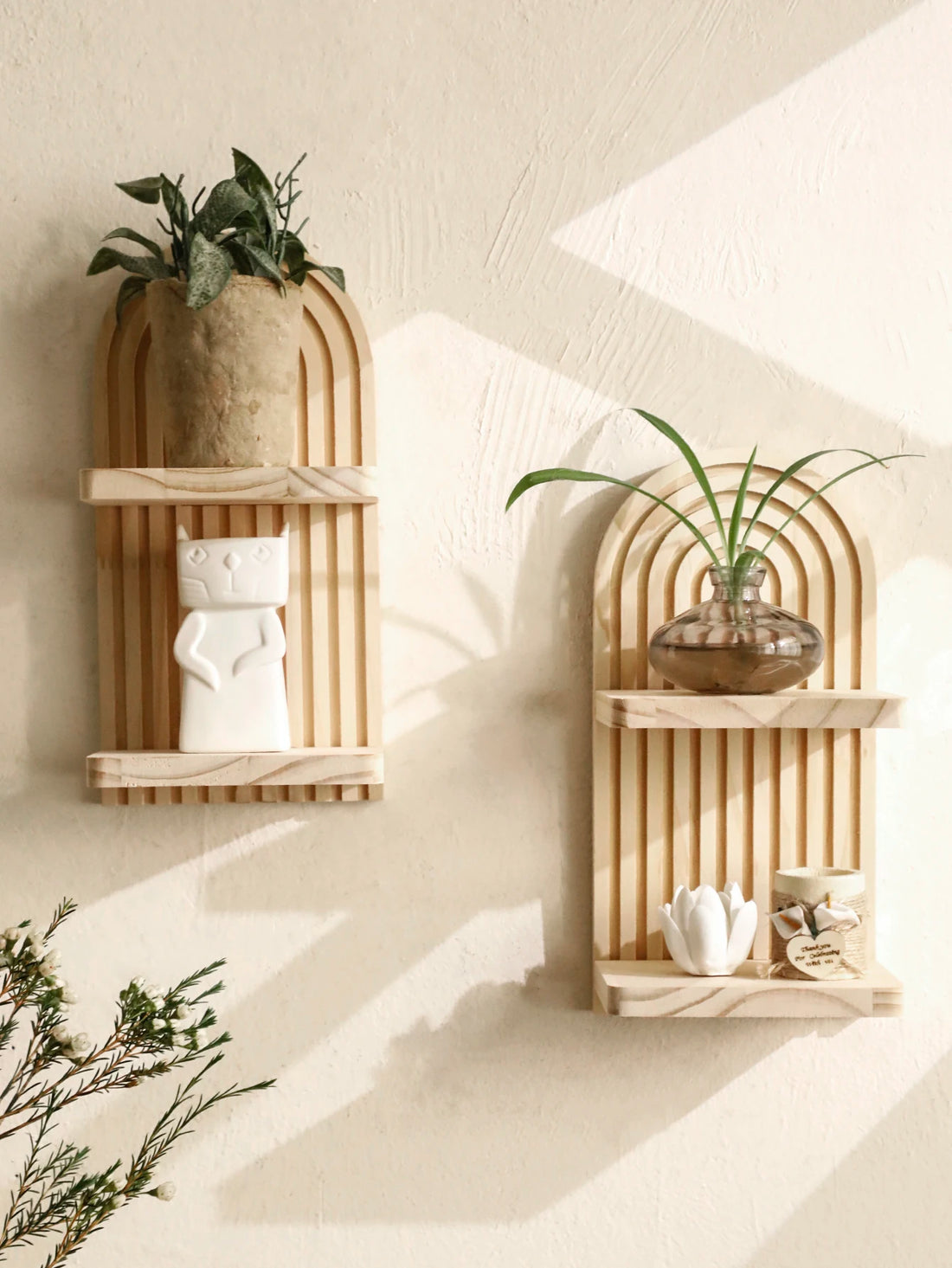 1pc Wall Mounted Shelves 2-tier Wooden Arch Decorative Shelf Plant Display Stand Home Decor Storage Rack for Living Room Bedroom