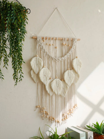 Boho Leaf Macrame Tapestry Woven Wall Hanging Tapestry Home Wall Decor Wood Bead Crafts Bedroom Living Room Decor Aesthetic Gift