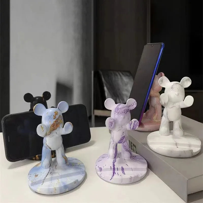 Cute Graffiti Bear Resin Statue & Phone Holder Funny Desk Decor Creative Gift for Friends Cool Bedroom Shelf Ornament With