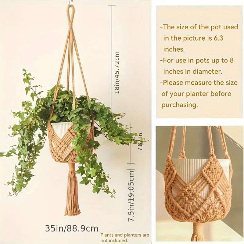 1pc Boho Macrame Plant Hanger for Indoor Outdoor Hanging Succulents Cotton Rope Woven Hanging Basket with Net Pouch