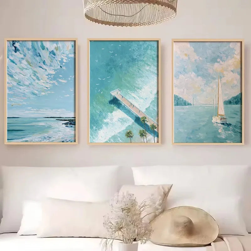 Abstract Coastal Light Blue Ocean Sky Seascape Poster Beach Waves Shoreline Canvas Painting Wall Art for Living Room Home Decor