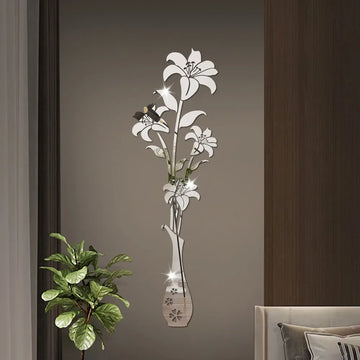 DIY Lily Flower Vase Acrylic Mirror Stickers for Room Decoration Vase 3D Flower Wall Decals Sticker Living Room Wall Home Decor