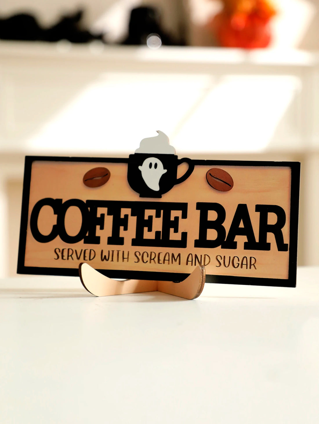 Halloween Wooden Coffee Bar Sign Tabletop Decor Cute Ghost & Coffee Cup Design Plaque Desktop Ornament for Home & Kitchen Gift