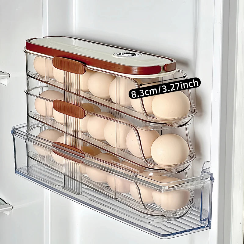 Large Egg Holder for Fridge Automatic Rolling Egg Organizer Clear Plastic Egg Container Stackable Egg Dispenser and Storage Bin