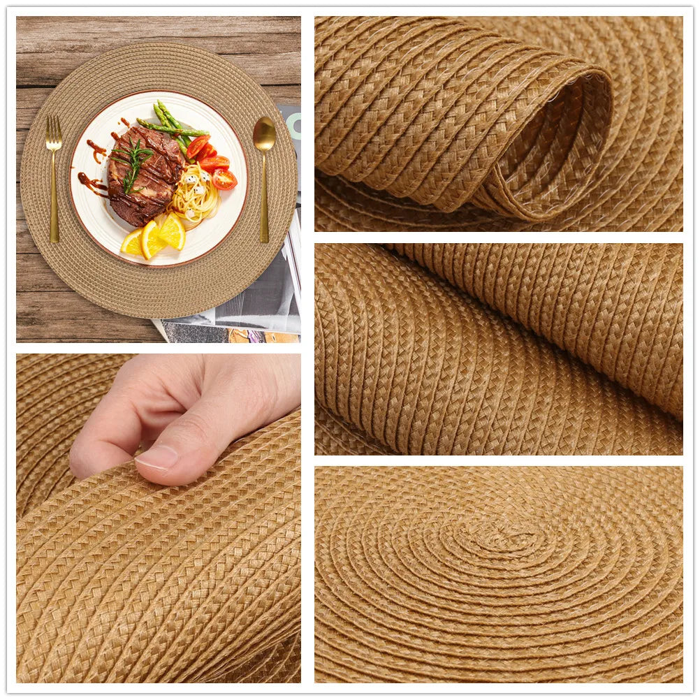 Round Braided Placemats Set of 6 Washable PP/PET Heat Resistant 34cm Table Place Mat for Kitchen Xmas Dining Table Party Decor