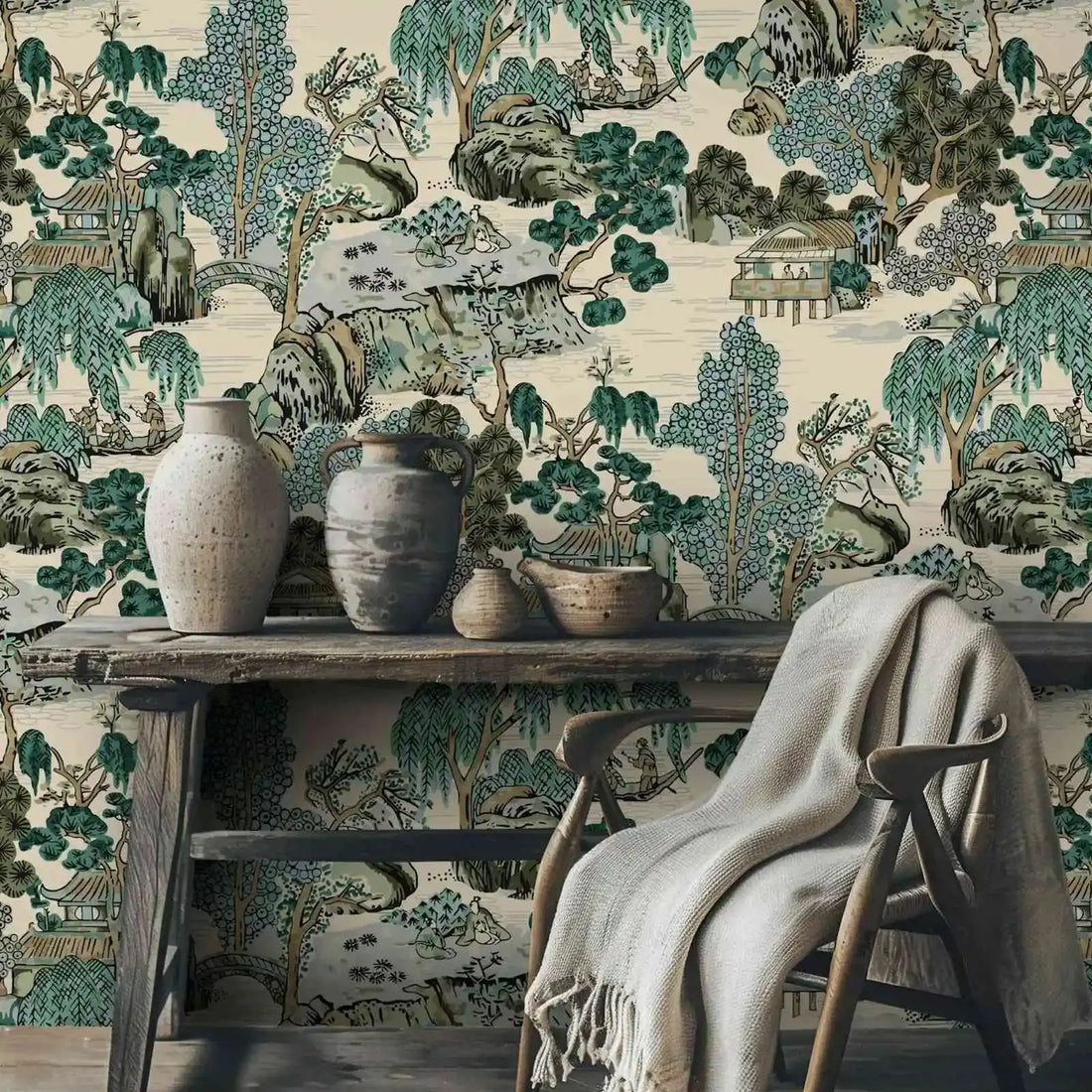 Japanese Garden Wallpaper Mural,Traditional Asian Landscape Wall Paper For Wall Art Oriental Home Decor,Peel and Stick Wallpaper