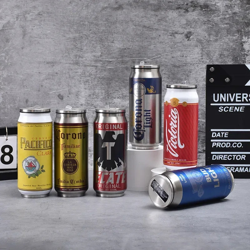 500ml Thermos Stainless Steel Cup Creative Beer Can Insulated Cup Vacuum Cups with Straw Cold Keeper Cola Cans Insulated Bottle