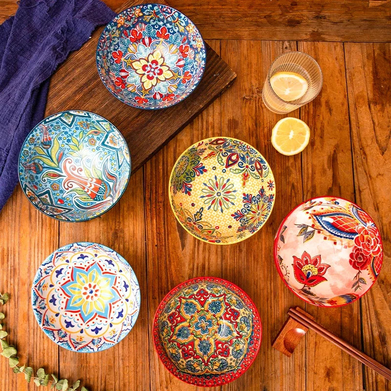 Bohemian Rice Bowl Home Creative Personality Ceramic Bowl High Appearance Level Retro Noodle Bowl Eating Rice Small Bowl