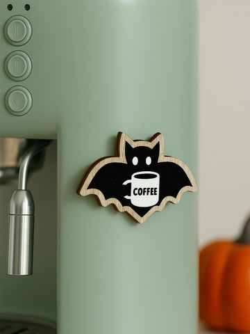 Wooden Halloween Bat Shaped Decorative Stickers, Cute Bat Holding Coffee Cup Design, Refrigerator & Coffee Machine Hanging Decor