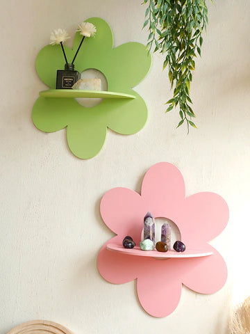 Flower Crystal Shelf Display Boho Floating Wall Shelf for Bedrooms Living Room Aesthetic Wall Mounted Wood Shelves Home Decor