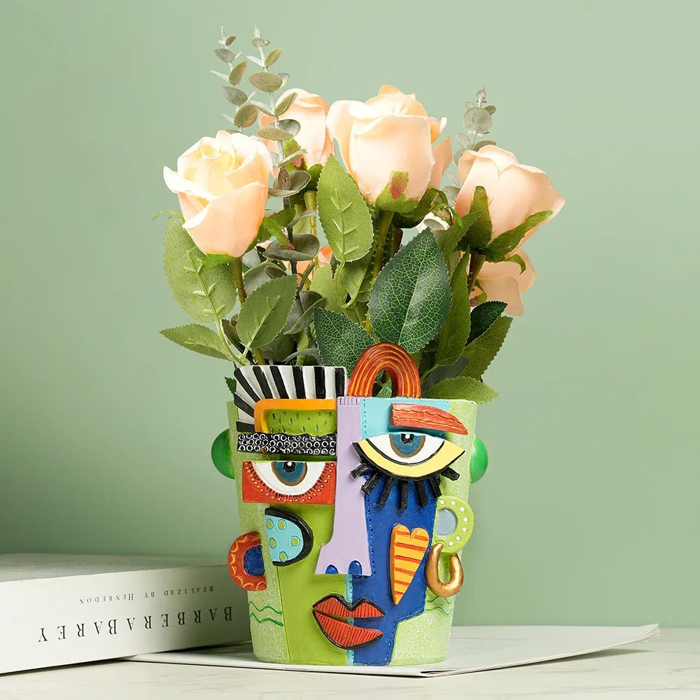 2025 New Creative Human Face Head Mask Sculpture Vase Art Resin Half-Length Portrait Flower Recording Ornament Desktop Ornaments