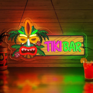 Tiki Bar Neon Sign UV Print Dimmabel Tiki Bar Neon Light Wall Decor for Aloha Hawaii Tropical Birthday Man Cave  Party