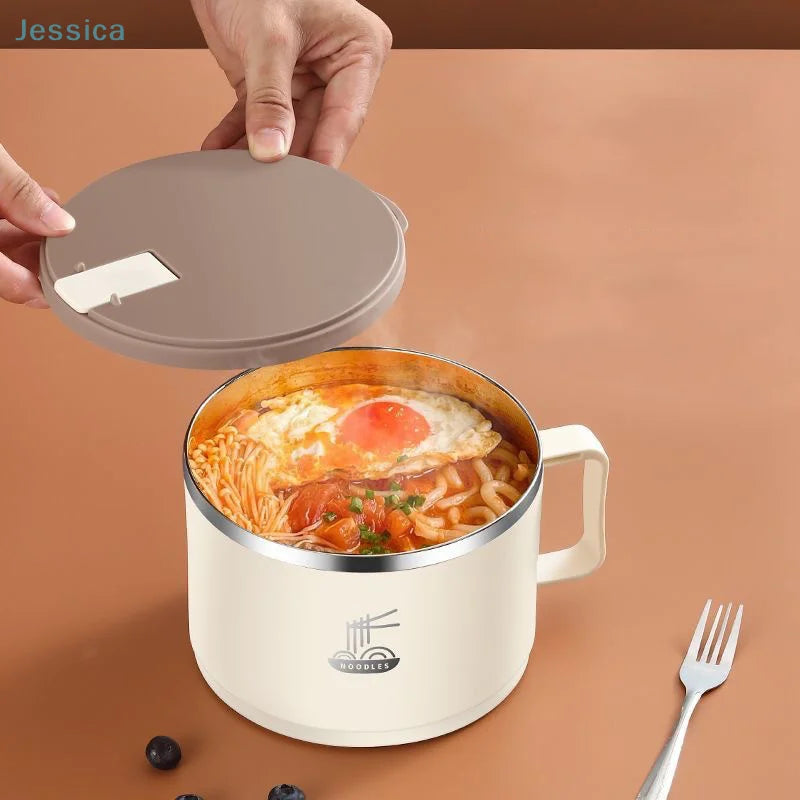 ♥Stainless Steel Instant Noodle Bowl With Lid Large Capacity Double-Layer Anti-Scald Lunch Box