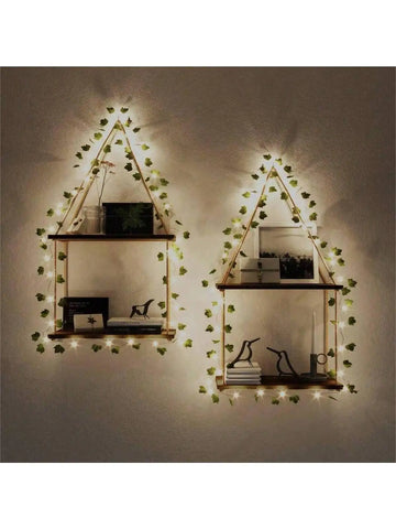 1pc 2-tier Floating Wall Shelf Artificial Ivy Led-strip Wall Hanging Shelves Macrame Room Wall Decor Plant Flower Pot Tray Shelf