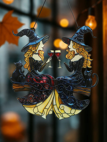 Acrylic Halloween Witch Hanging Decoration - Black Cat&Two Witches Toasting with Wine Glasses Wall Decor, Gothic Window Ornament
