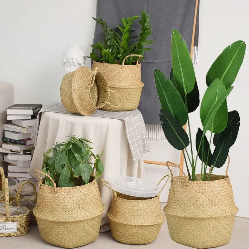 Handmade Seagrass Foldable Storage Bin Seaweed Wicker Cesta Mimbre Home Decor Flower Pot Organizer Basket Dirty Clothes Laundry
