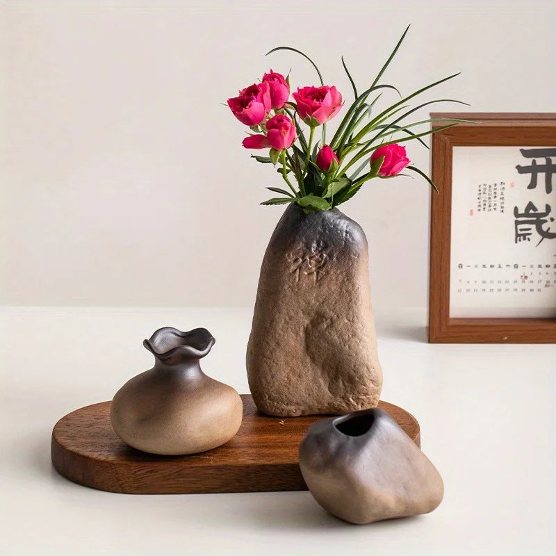 Unique Rustic Ceramic Vase in Stone Shape for Fresh and Dried Flowers Succulents and Hydroponic Plants Decor