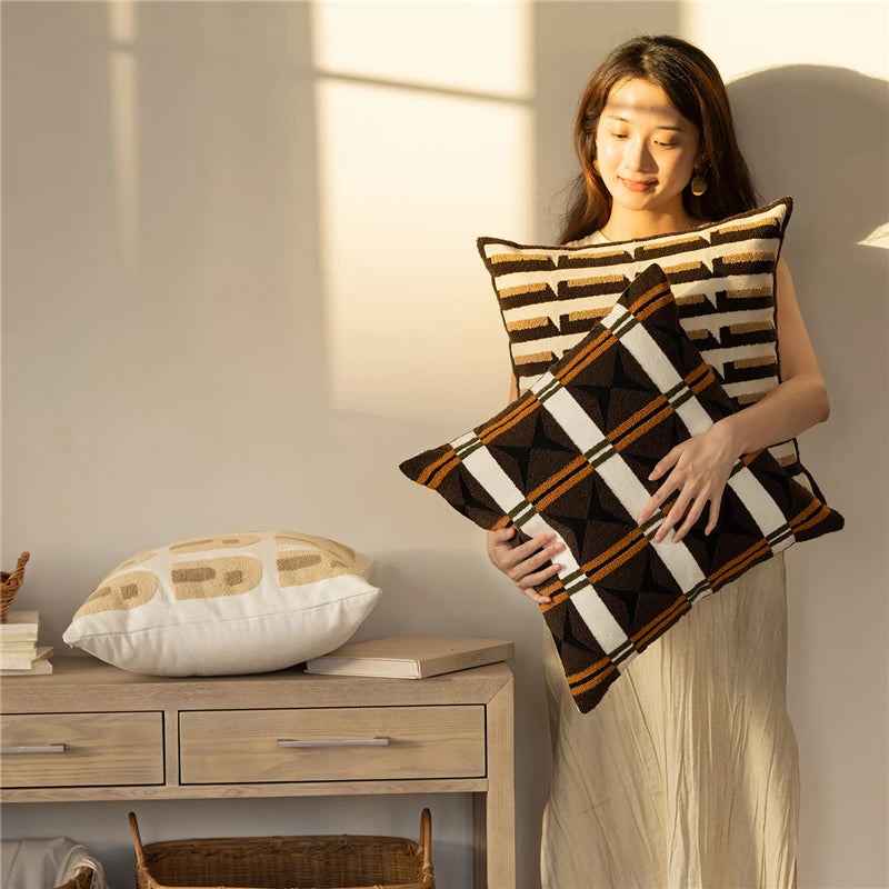 45X45CM Brown Geometry Throw Pillow Cover Nordic Yarn-dyed Stamping Waist Cushion Cover Decor Home Decorative Pillowcase