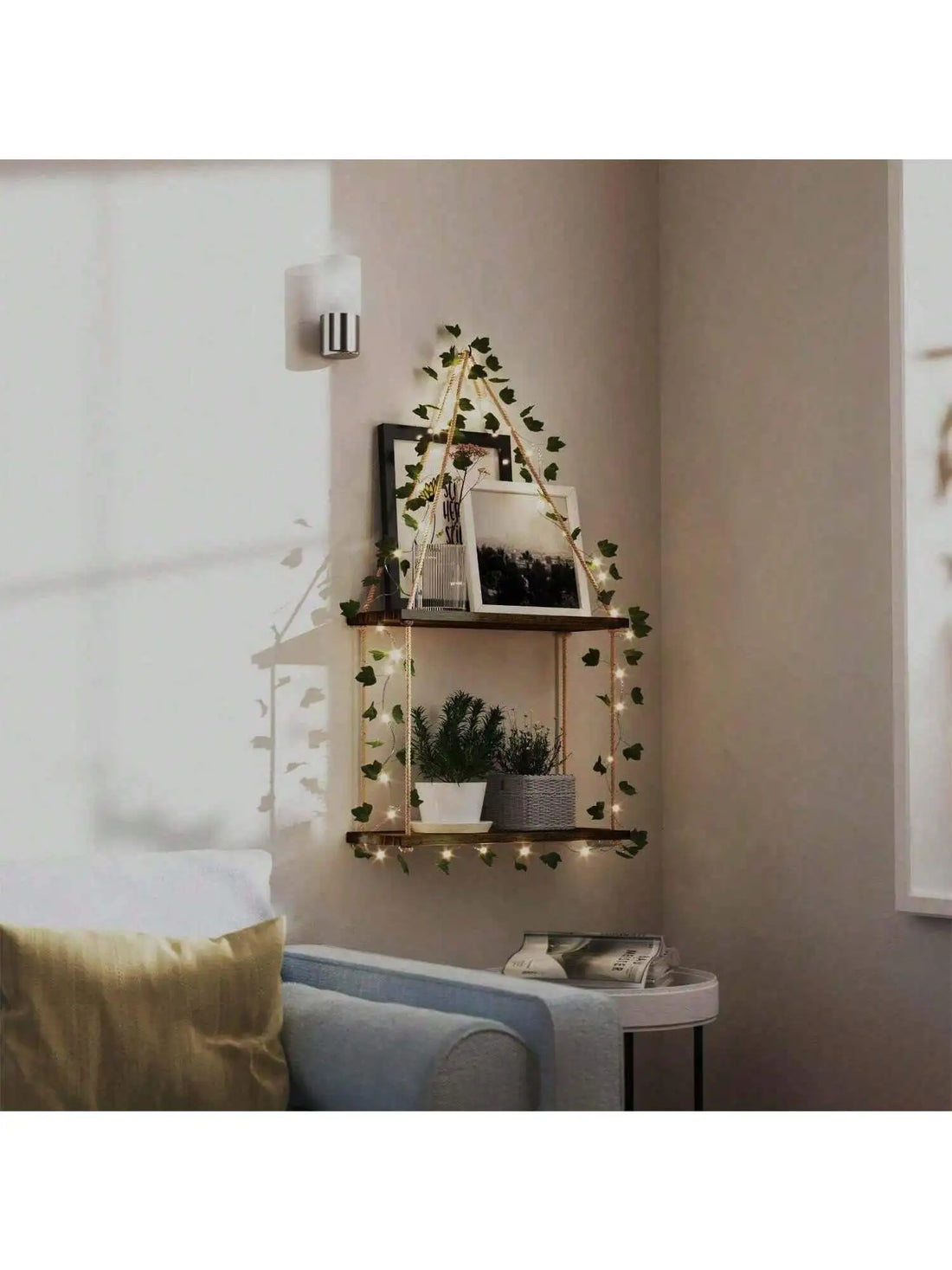 1pc 2-tier Floating Wall Shelf Artificial Ivy Led-strip Wall Hanging Shelves Macrame Room Wall Decor Plant Flower Pot Tray Shelf