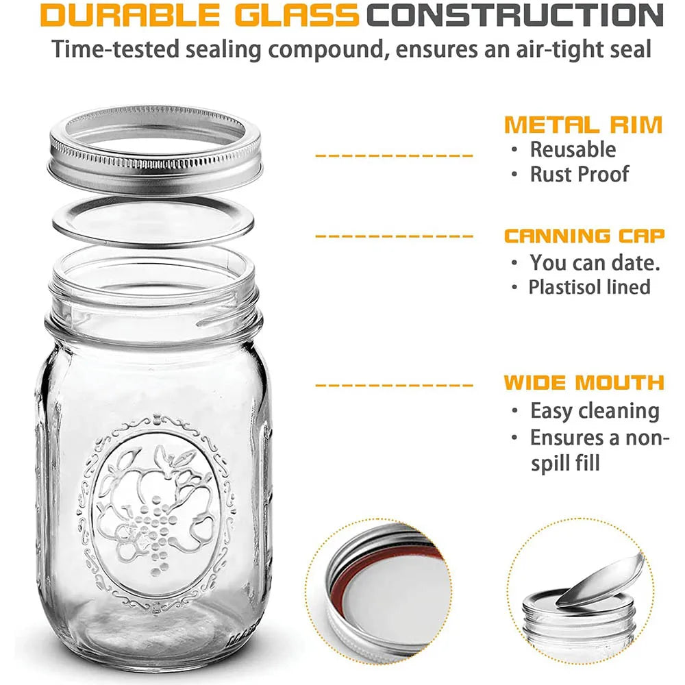 16 oz Regular Mouth Mason Jars - Measured Glass Canning Jars with Airtight Lids for Storage, Preserves & Overnight Oats