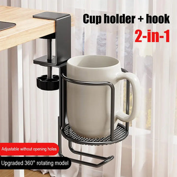 Iron Art Cup Holder 2in1 No Drill Desk Cup Holder Adjustable Upgraded Arm Clamp Stand Anti-Fall Cup Holder Table Edge Clamp