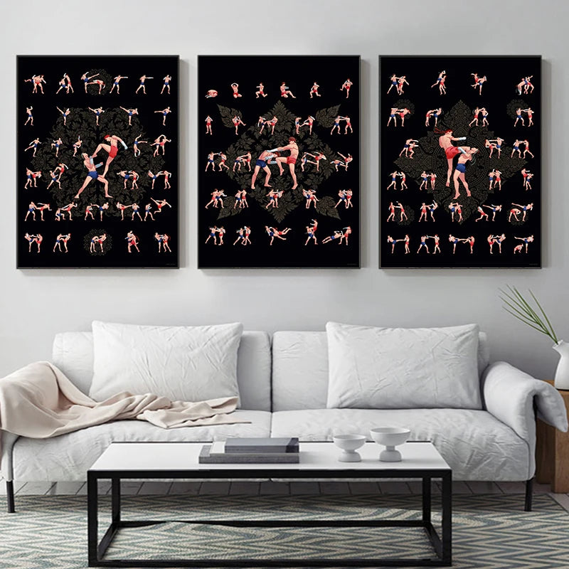 Muay Thai Boxing Boxer Motivational Wrestling Poster Canvas Painting Fighting Technique Chart Wall Art Prints Picture Home Decor