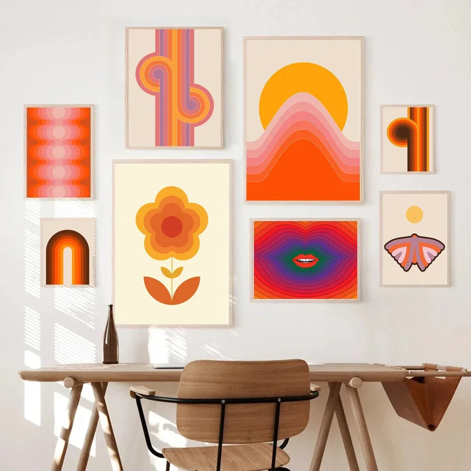 Retro 70s Stripes Art Poster - Sunset Lip Rainbow Flower Butterfly Boho Canvas Wall Art for Living Room Decor