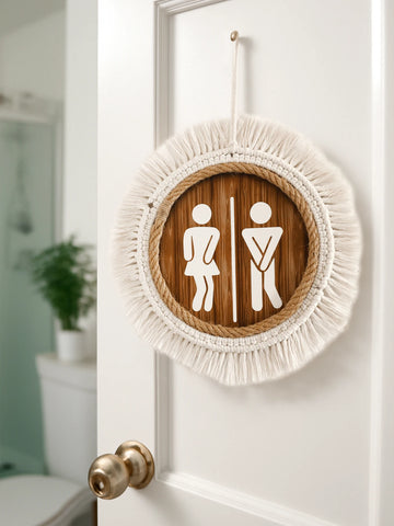 Macrame Round Toilet Sign Wall Decor, Men & Women Bathroom Symbol Plaque, Wooden Rustic Hanging Ornament for Restroom/Home Decor