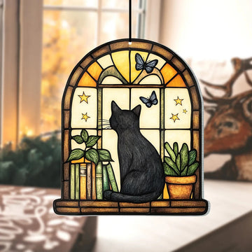Acrylic Black Cat Window Hanging Decor, Arch Window with Butterfly/Stars/Books/Plants Design, Art Wall Ornaments for Home&Garden