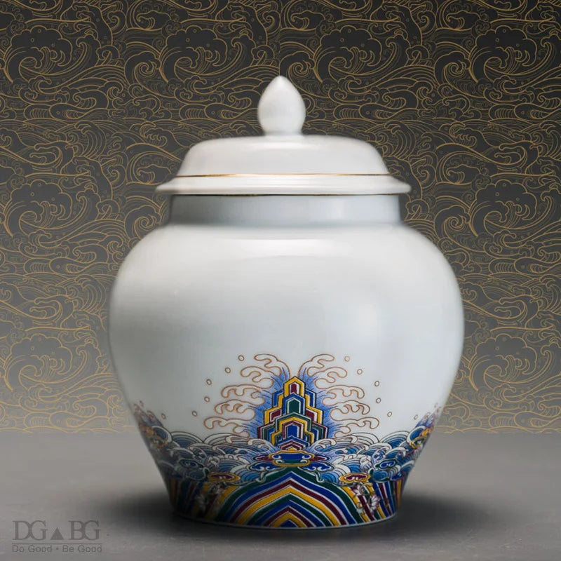 White Porcelain Enamels Colored Ash Urn Relief Painting Golden Wire Generaloberst Helmets Urns In Memory of your loved one