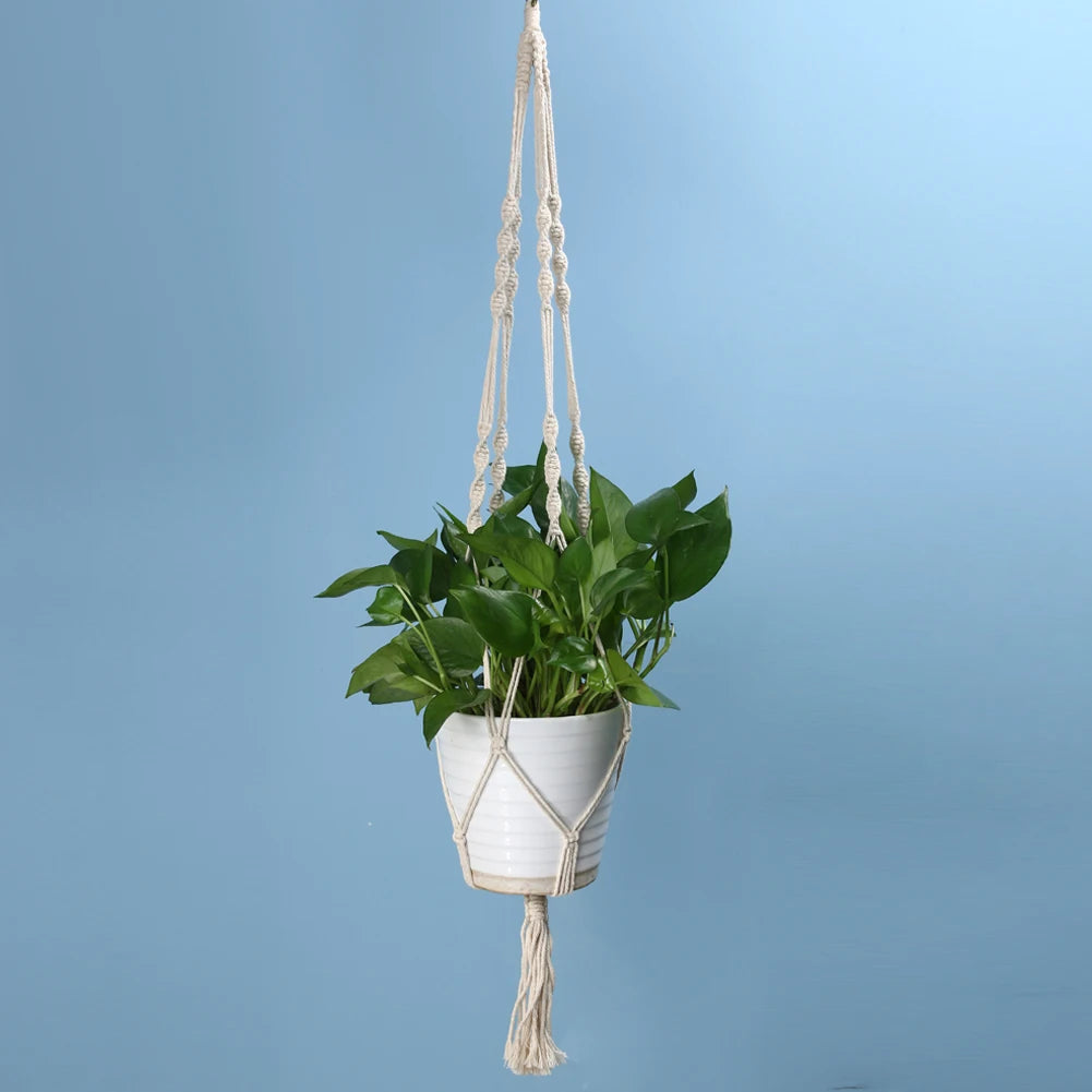 Vintage Knotted Plant Hanger Basket Green Flowerpot Macrame Lifting Rope