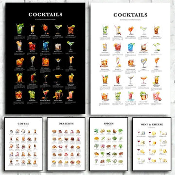 Bar Cocktails Art Prints Coffee Dessert Food Chart Posters Cocktail Prints Bar Wall Art Poster Drinks Prints for Home Decor