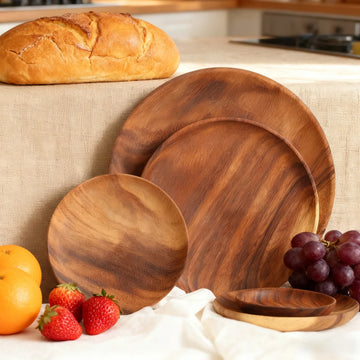 1PC Acacia Wood Dinner Plates Round Wood Plates For Fruits Dishes Snacks Dessert Sushi Salad Tea Serving Tray Kitchen Tableware