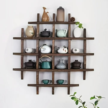 Solid Wood Chinese Tea Cup Holder Wall Mounted Teapot Display Stand Wall Decor Teaware Shelf Storage Rack Living Room Kitchen