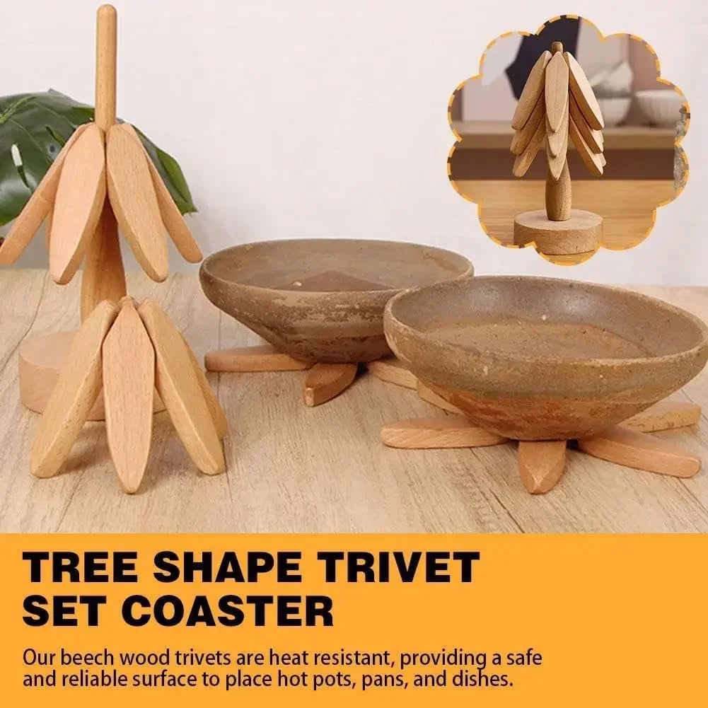4PCS Tree Design Stand Wooden Trivets Decorative Anti Scald Heat Resistant Table Mat Coaster Wood Placemats Pot