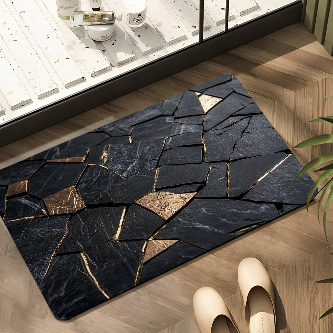 Black Gold Marble Indoor Outdoor Rug – Non-slip Mat for Bathroom Kitchen Living Room Patio Café Bar, Ideal Gift